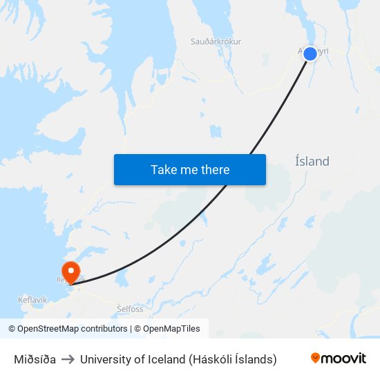 Miðsíða to University of Iceland (Háskóli Íslands) map