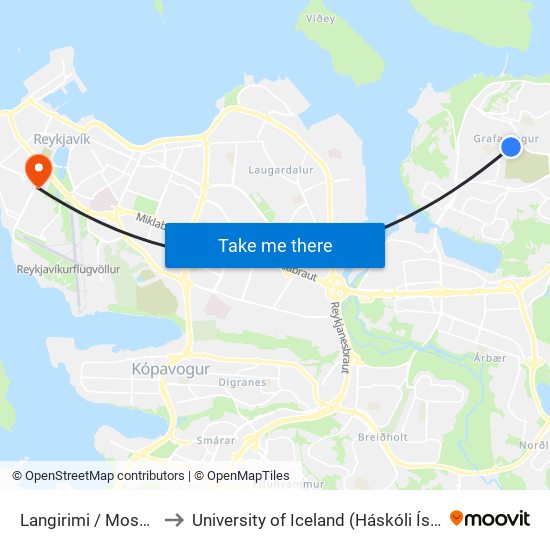 Langirimi / Mosarimi to University of Iceland (Háskóli Íslands) map