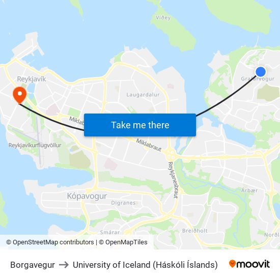 Borgavegur to University of Iceland (Háskóli Íslands) map
