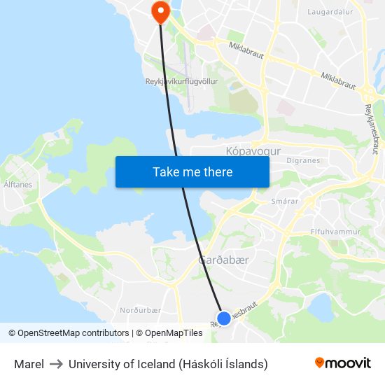 Marel to University of Iceland (Háskóli Íslands) map