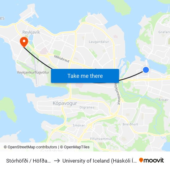 Stórhöfði / Höfðabakki to University of Iceland (Háskóli Íslands) map