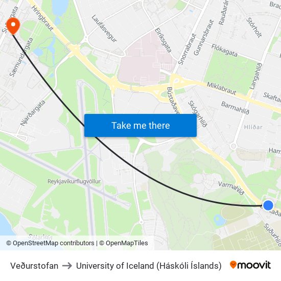 Veðurstofan to University of Iceland (Háskóli Íslands) map