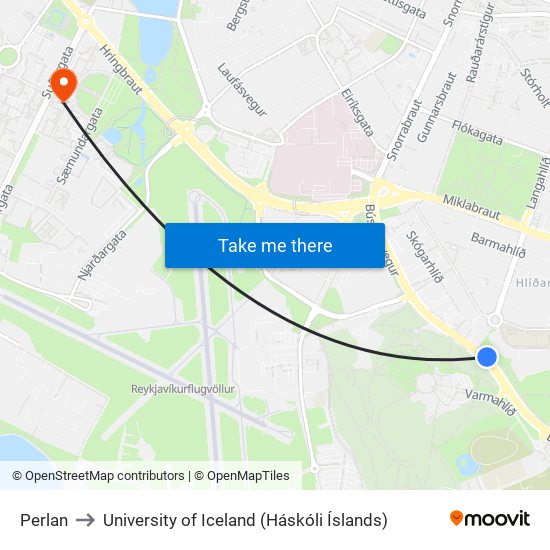 Perlan to University of Iceland (Háskóli Íslands) map