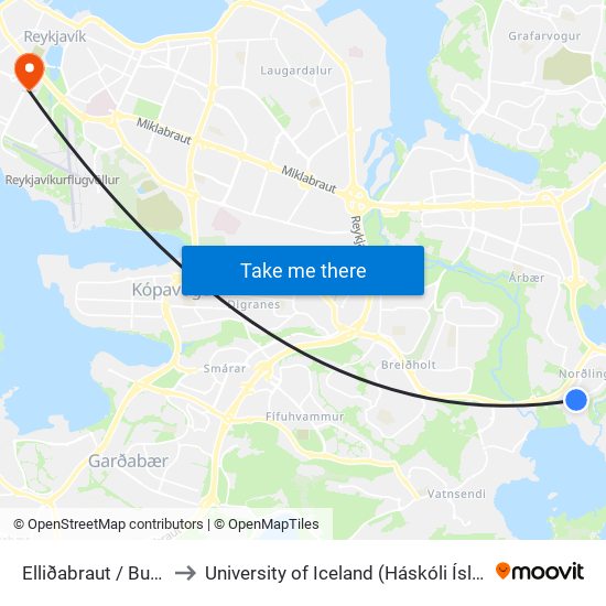 Elliðabraut / Bugða to University of Iceland (Háskóli Íslands) map