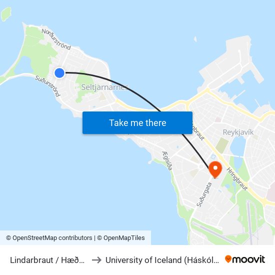 Lindarbraut / Hæðarbraut to University of Iceland (Háskóli Íslands) map