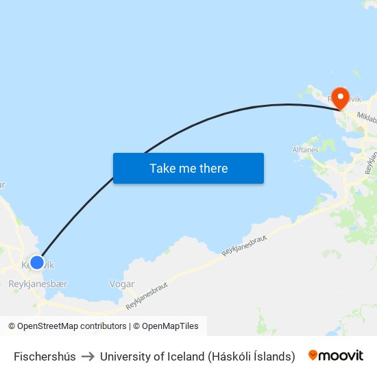 Fischershús to University of Iceland (Háskóli Íslands) map