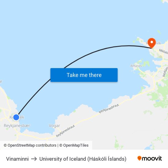 Vinaminni to University of Iceland (Háskóli Íslands) map