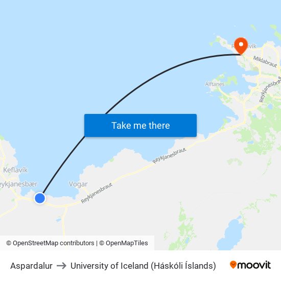 Aspardalur to University of Iceland (Háskóli Íslands) map