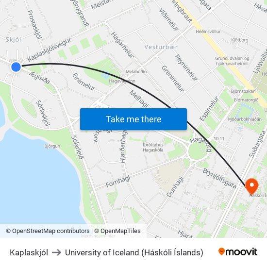 Kaplaskjól to University of Iceland (Háskóli Íslands) map