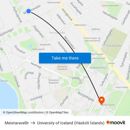 Meistaravellir to University of Iceland (Háskóli Íslands) map