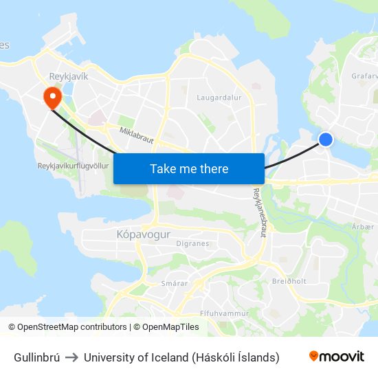 Gullinbrú to University of Iceland (Háskóli Íslands) map