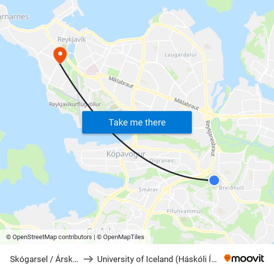 Skógarsel / Árskógar to University of Iceland (Háskóli Íslands) map