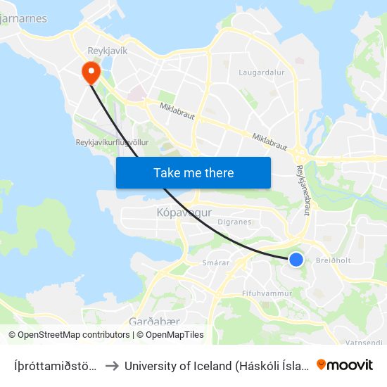 Íþróttamiðstöð Ír to University of Iceland (Háskóli Íslands) map