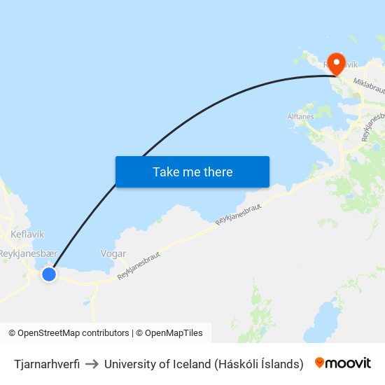 Tjarnarhverfi to University of Iceland (Háskóli Íslands) map