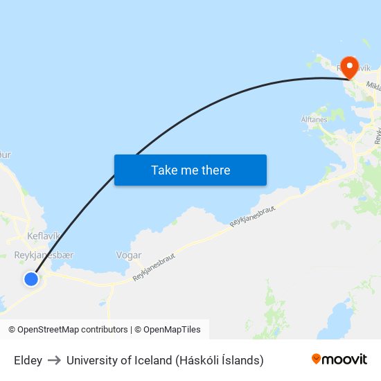 Eldey to University of Iceland (Háskóli Íslands) map