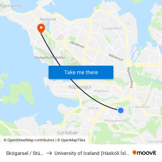 Skógarsel / Stúfsel to University of Iceland (Háskóli Íslands) map