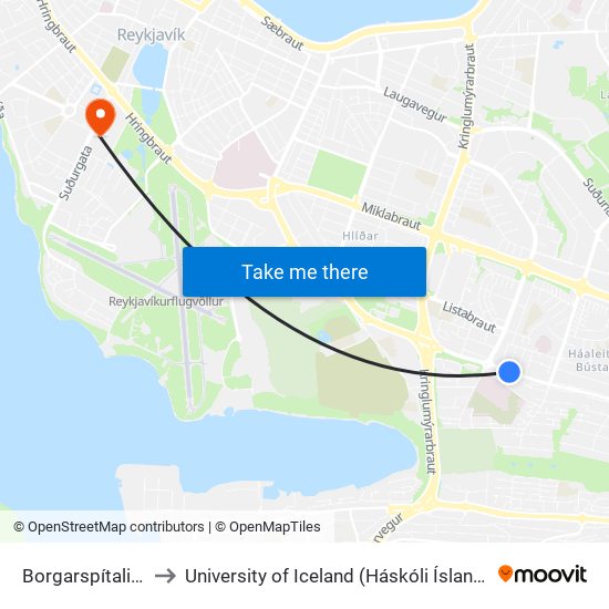 Borgarspítalinn to University of Iceland (Háskóli Íslands) map