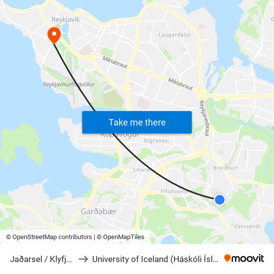 Jaðarsel / Klyfjasel to University of Iceland (Háskóli Íslands) map