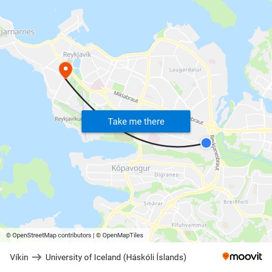 Víkin to University of Iceland (Háskóli Íslands) map