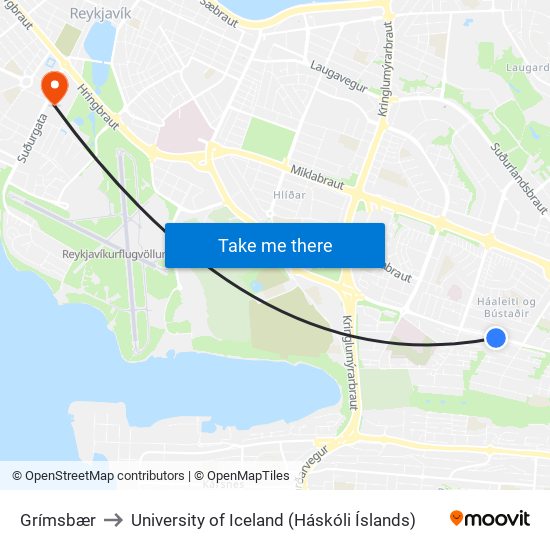 Grímsbær to University of Iceland (Háskóli Íslands) map