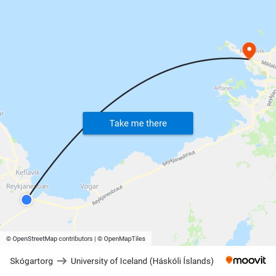 Skógartorg to University of Iceland (Háskóli Íslands) map