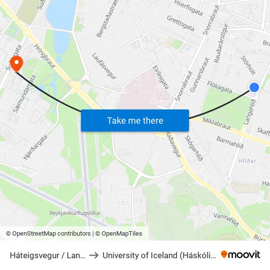 Háteigsvegur / Langahlíð to University of Iceland (Háskóli Íslands) map