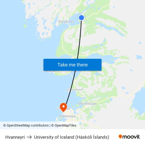 Hvanneyri to University of Iceland (Háskóli Íslands) map