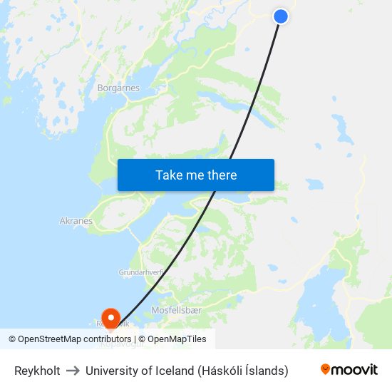 Reykholt to University of Iceland (Háskóli Íslands) map