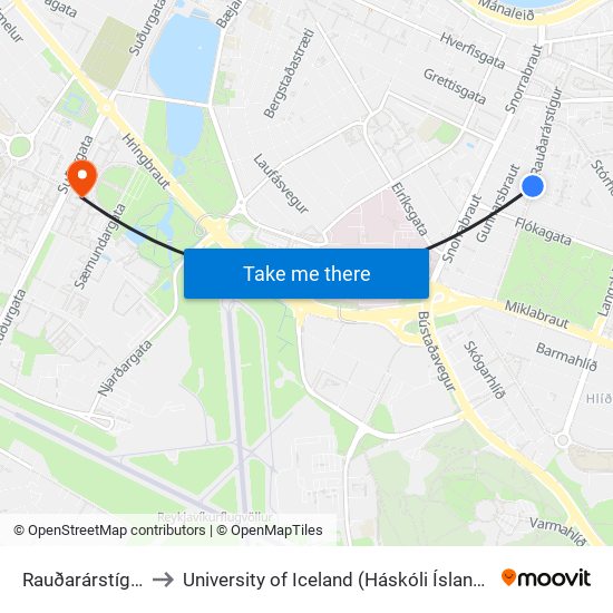 Rauðarárstígur to University of Iceland (Háskóli Íslands) map