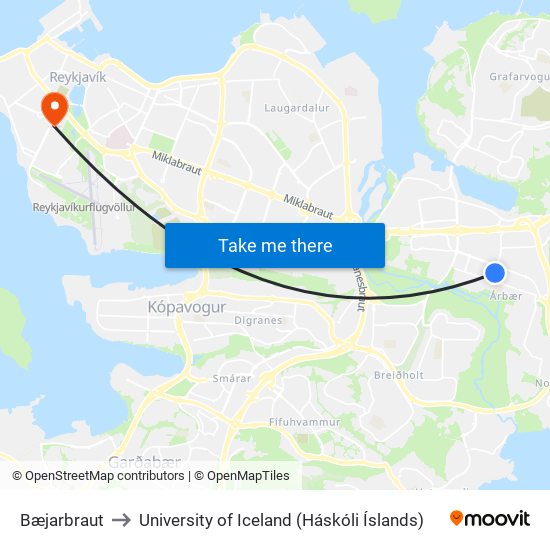 Bæjarbraut to University of Iceland (Háskóli Íslands) map