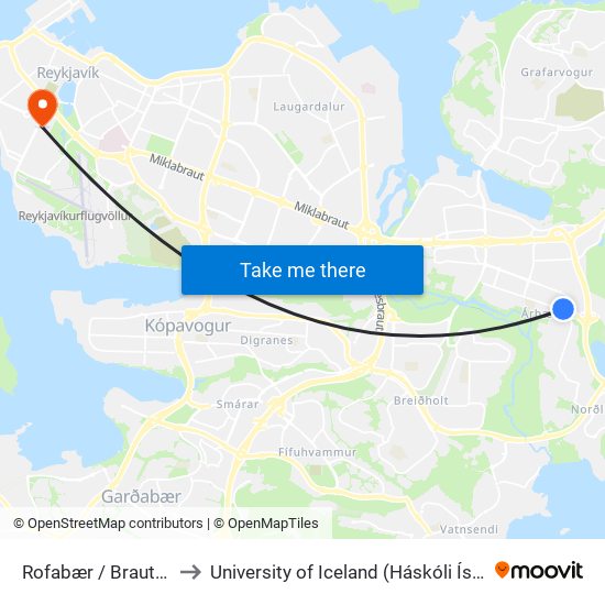 Rofabær / Brautarás to University of Iceland (Háskóli Íslands) map