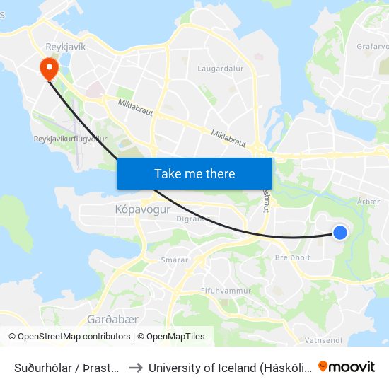 Suðurhólar / Þrastarhólar to University of Iceland (Háskóli Íslands) map