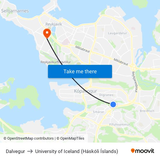 Dalvegur to University of Iceland (Háskóli Íslands) map