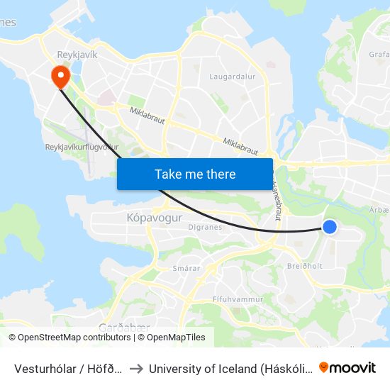 Vesturhólar / Höfðabakki to University of Iceland (Háskóli Íslands) map