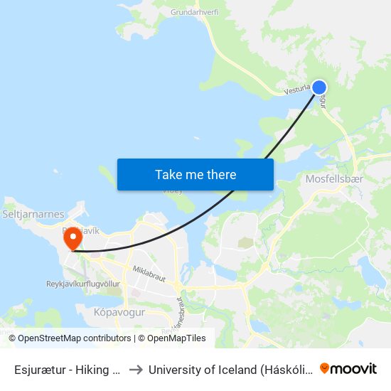 Esjurætur - Hiking Center to University of Iceland (Háskóli Íslands) map