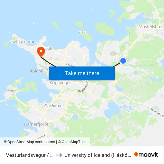 Vesturlandsvegur / Úlfarsá to University of Iceland (Háskóli Íslands) map