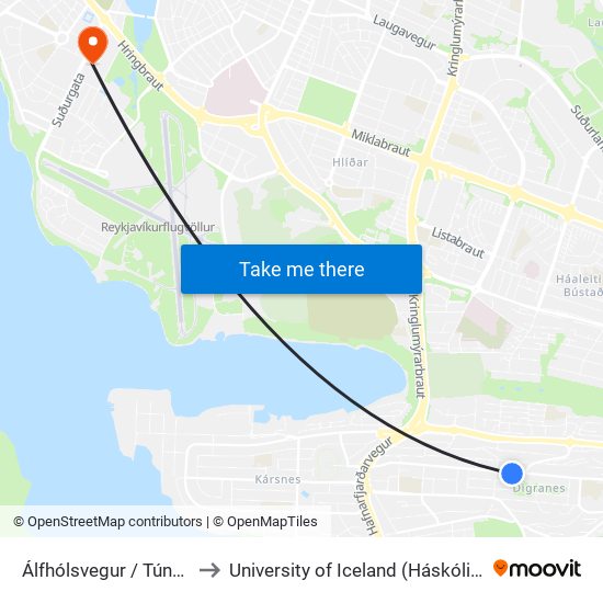 Álfhólsvegur / Túnbrekka to University of Iceland (Háskóli Íslands) map