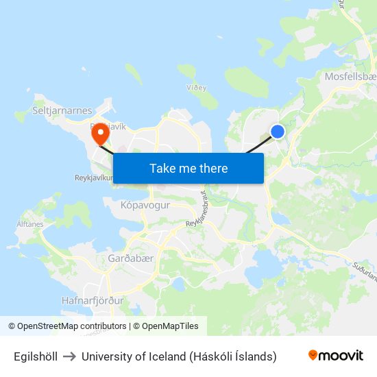 Egilshöll to University of Iceland (Háskóli Íslands) map