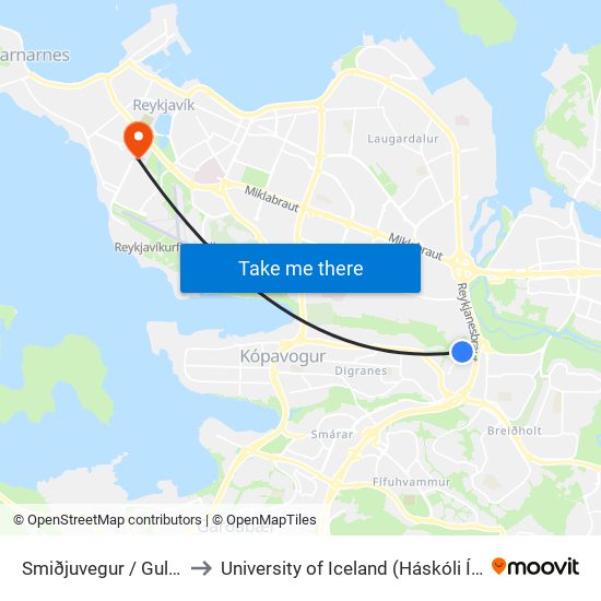 Smiðjuvegur / Gul Gata to University of Iceland (Háskóli Íslands) map