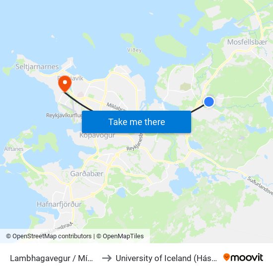 Lambhagavegur / Mímisbrunnur to University of Iceland (Háskóli Íslands) map