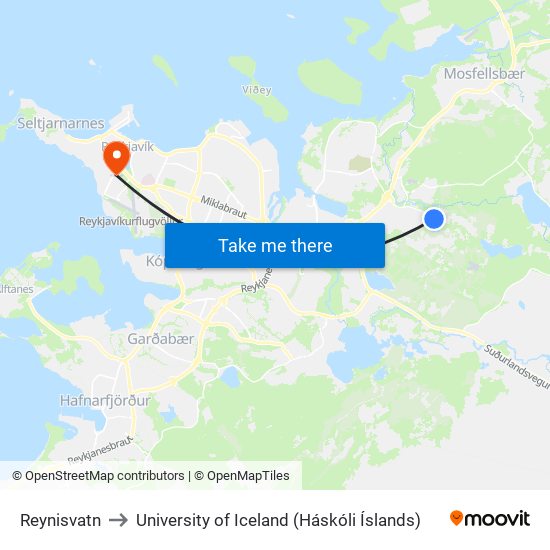 Reynisvatn to University of Iceland (Háskóli Íslands) map