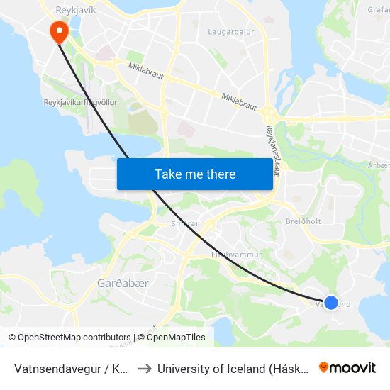 Vatnsendavegur / Kóravegur to University of Iceland (Háskóli Íslands) map