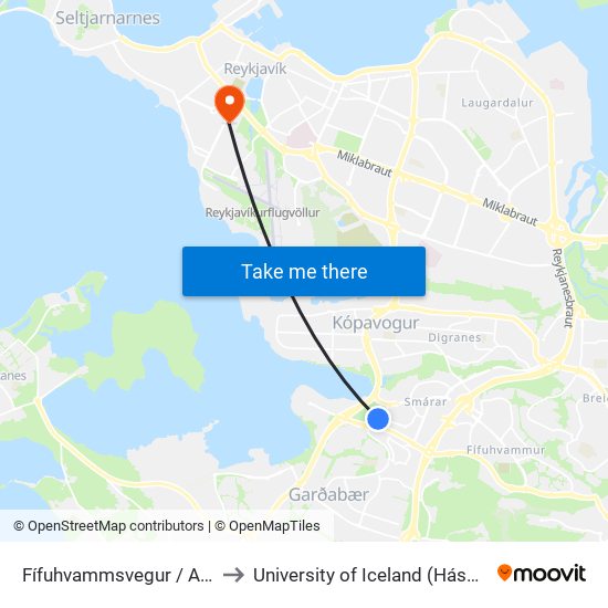 Fífuhvammsvegur / Arnarsmári to University of Iceland (Háskóli Íslands) map