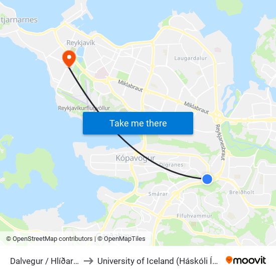 Dalvegur / Hlíðarhjalli to University of Iceland (Háskóli Íslands) map