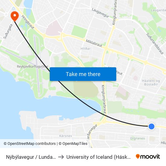 Nýbýlavegur / Lundarbrekka to University of Iceland (Háskóli Íslands) map