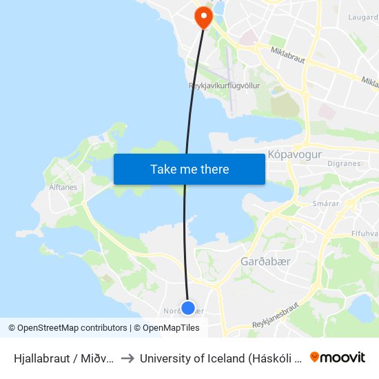 Hjallabraut / Miðvangur to University of Iceland (Háskóli Íslands) map