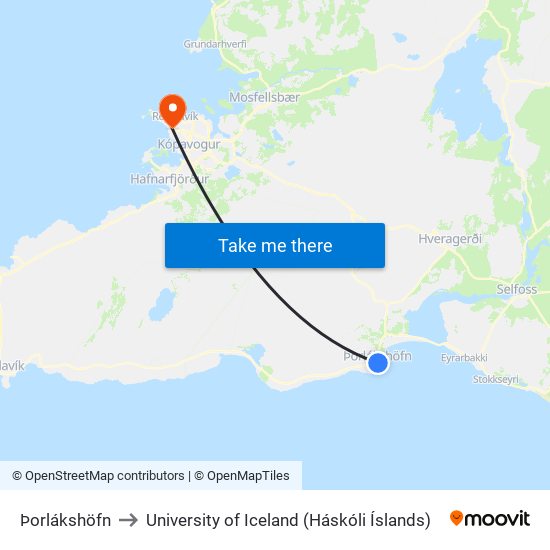 Þorlákshöfn to University of Iceland (Háskóli Íslands) map