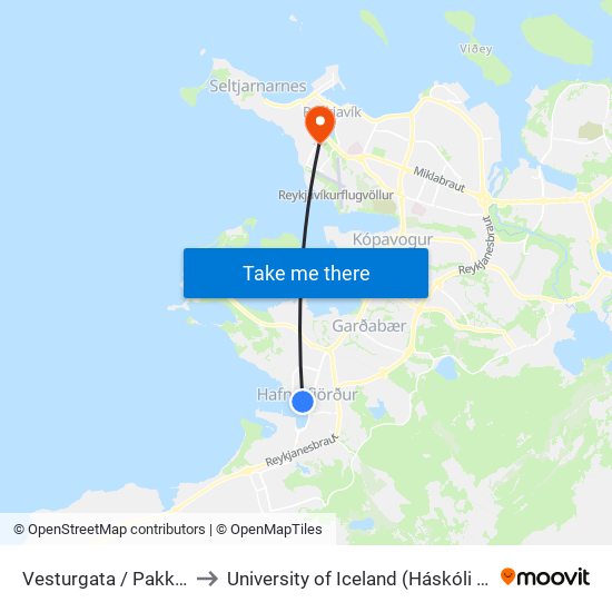 Vesturgata / Pakkhúsið to University of Iceland (Háskóli Íslands) map