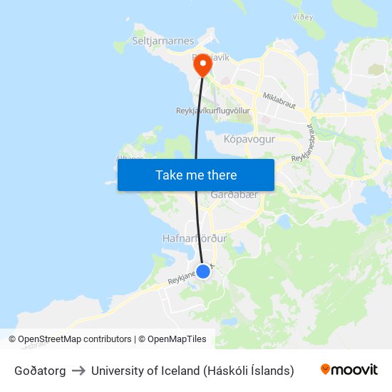 Goðatorg to University of Iceland (Háskóli Íslands) map