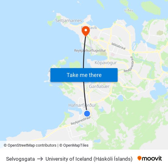 Selvogsgata to University of Iceland (Háskóli Íslands) map